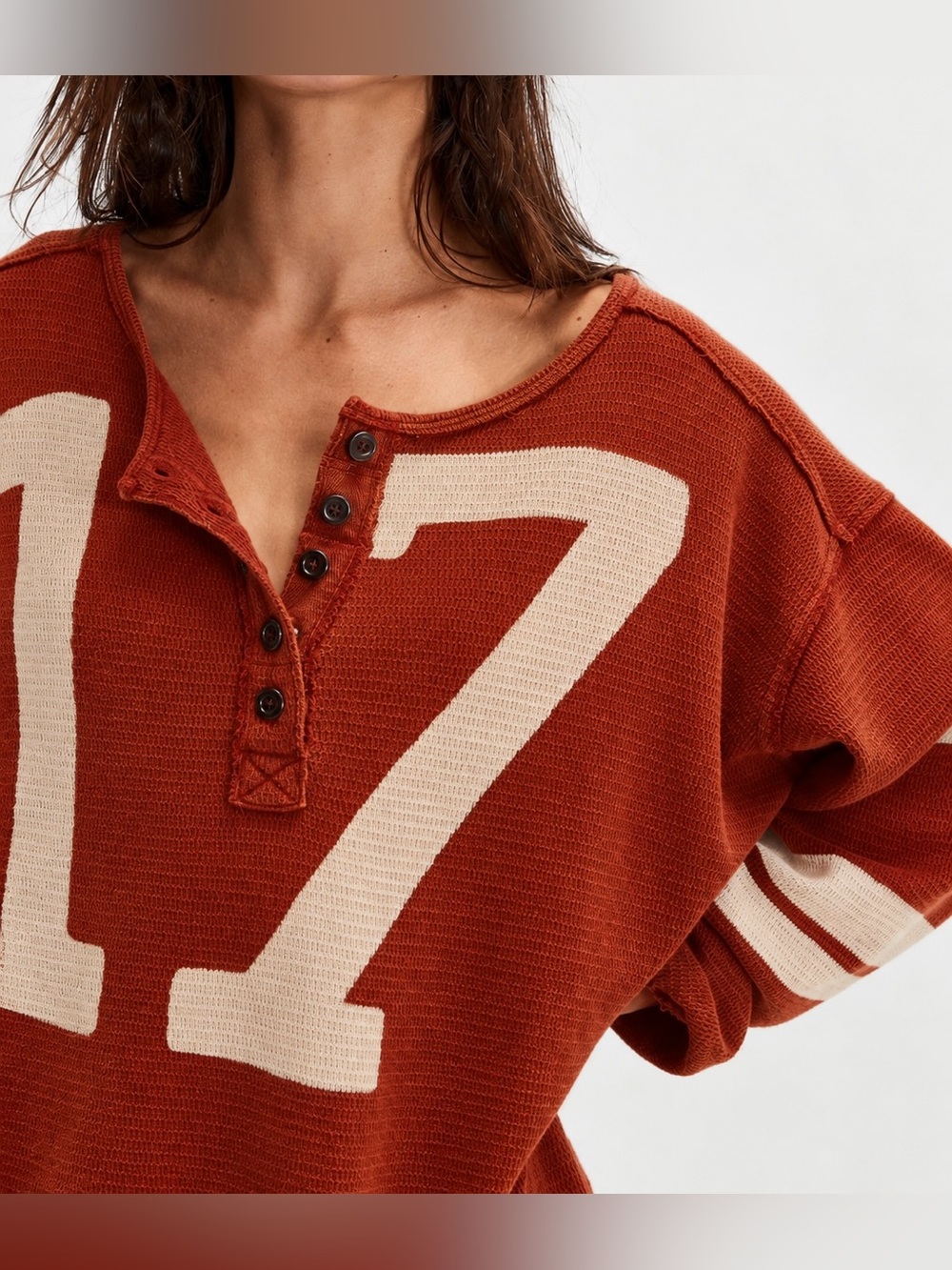Women's Rust with Cream 17 Graphic Long Sleeve Henley - Size S